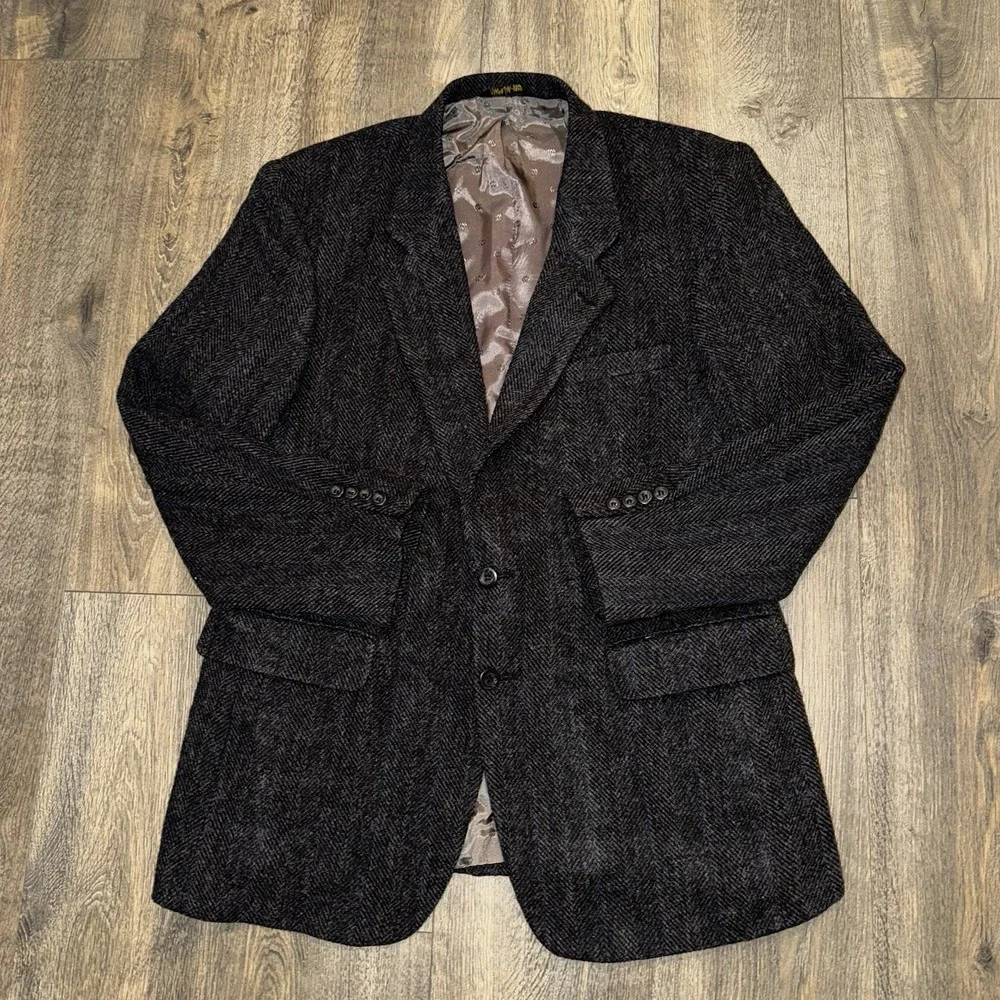 Vtg‎ Hunting Horn Wool Sport Coat Mens 44L Herringbone Tweed Blazer Suit Jacket